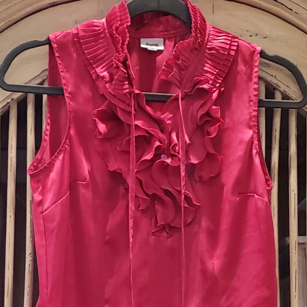 Agora Pink Satin Sleeveless Top with Ruffled Neck Small